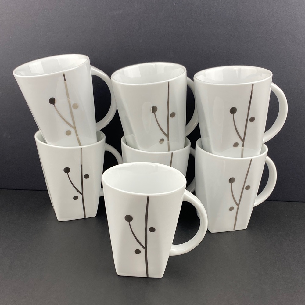 PC Square White Ceramic Mug Set of 7 Stick and Berry 8 Oz Each